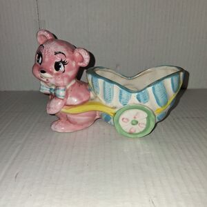 Vintage 1950's Pink Teddy Bear Pulling a Cart Planter Window Planter